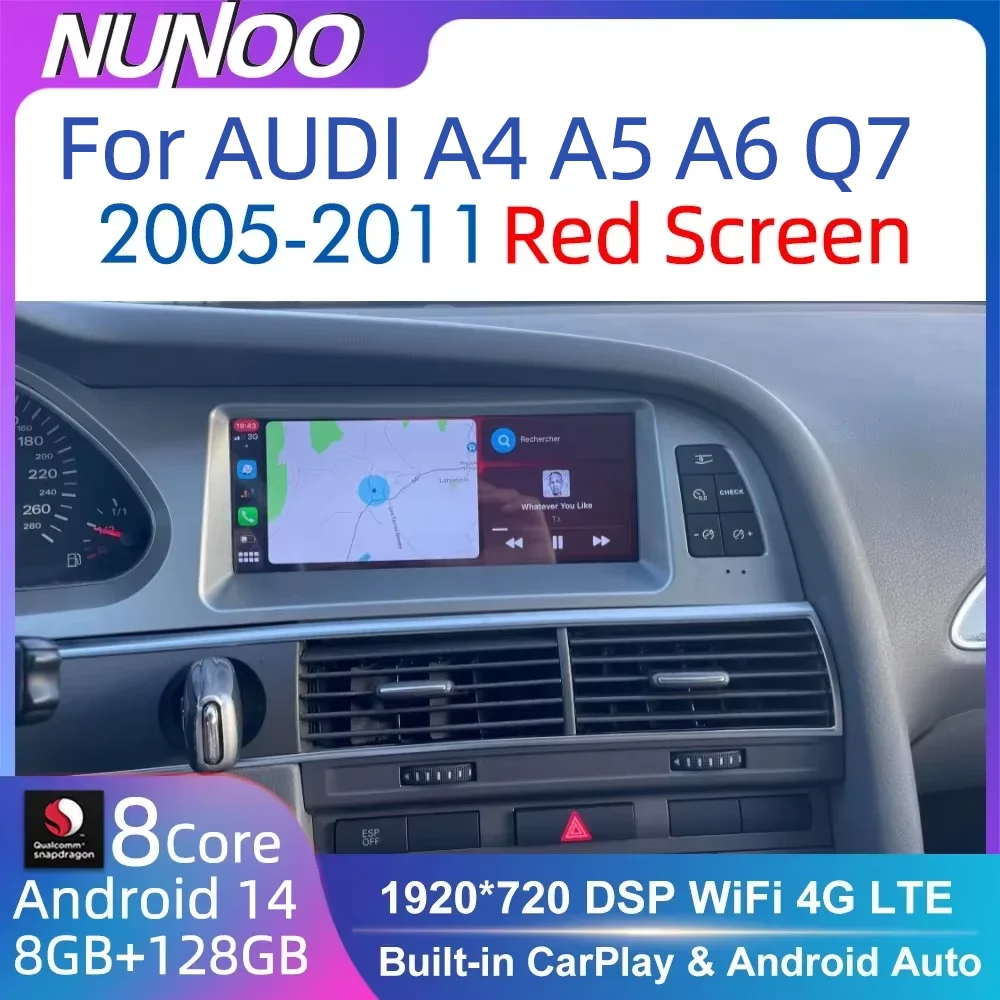 Radio para coche Nunoo con Android 14 y CarPlay para Audi A4 A5 A6 Q7 MMI 2G Basic, pantalla roja, GPS, navegador, multimedia, estéreo, WiFi 1