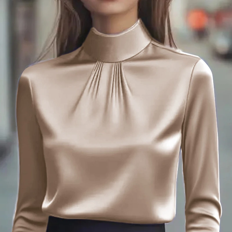 New Spring and Autumn Fashion Women's Semi-turtleneck Solid Color Long-sleeved Shirt Slim-fit Satin Blouse Office Wear Woman