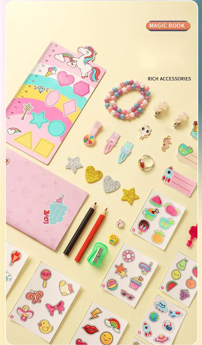 New Magic Book Stationery Set Cartoon Hairpin Pendant Sticker Children'S Play House Toy Gift For 3 - 7 Years Old Girls