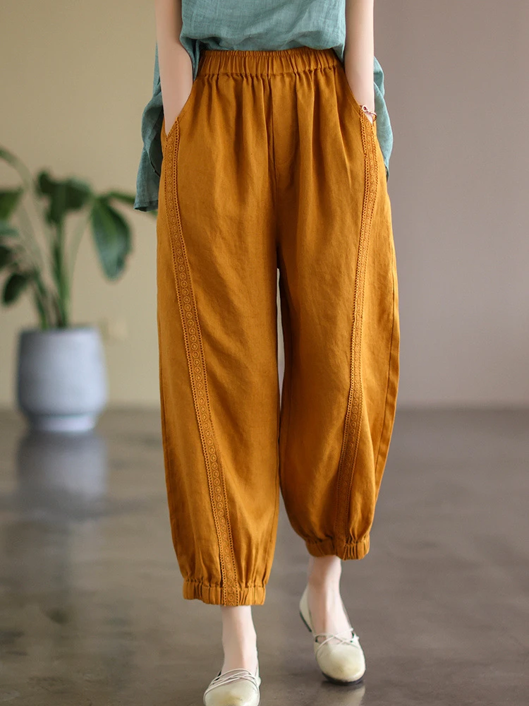 

Pants Women 2023 Spring Summer New Artistic Style Lace Patch Ankle Harun Pants Fashion Solid Loose Crop Pants Streetwear