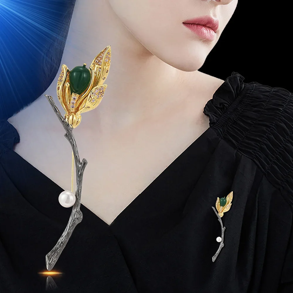 Enamel Orchid Brooch for Women Green Crystal Pearl Magnolia Flower Female Clothes Badge Pin Corsage Jewelry Mother's Day Gifts