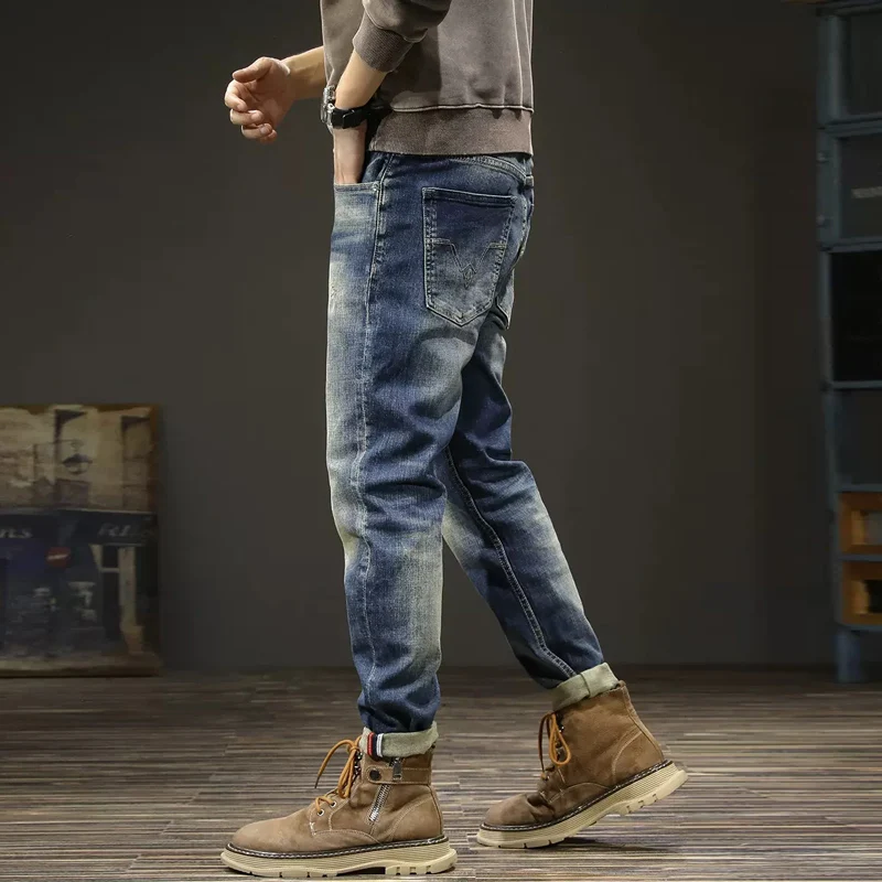 European Vintage Fashion Men Jeans Retro Blue High Quality Elastic Slim Fit Ripped Jeans Men Casual Designer Denim Pants Hombre