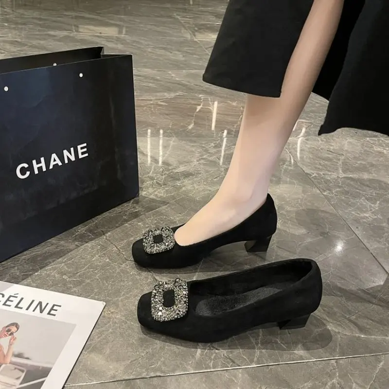 Gold Heels Slip On Velvet Shoes Women Square Toe Chunky Sandals 2024 Footwear Branded Pumps Lace-Up Slip-On Block Crystal Casual