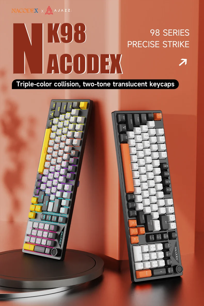 AJAZZ NK98 Hot-Swap-fähige Mechanische Tastatur, Metall-Lautstärkeregler, Beleuchtete Tastenkappen, Kabelgebundene Tastatur – Detail 1