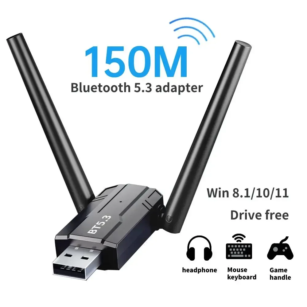 150M 블루투스 5.3 5.0 어댑터, 무료 드라이버 USB 블루투스 동글 어댑터, PC 윈도우 11, 10/8.1 마우스 키보드 오디오 리시버