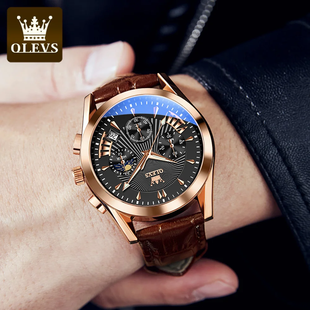 OLEVS 2876 Fashion Business Male's Watches Waterproof Moon Phase Leather Strap Quartz Watch Luminous Original Wristwatch Brand 3