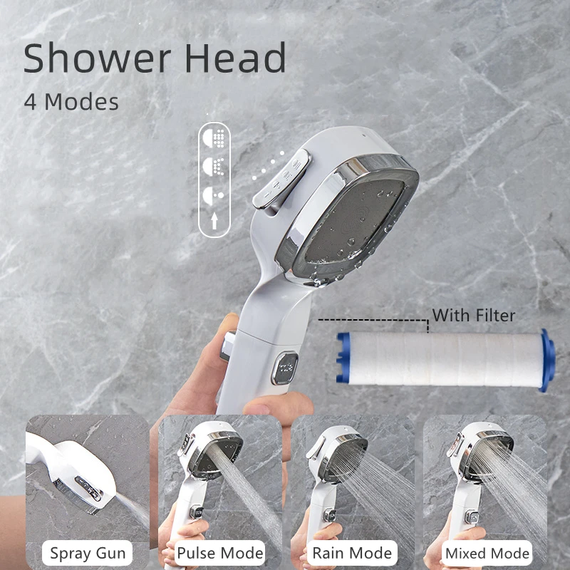 4 Modes High Pressure Shower Head With Switch On Off Button Sprayer Water Saving Adjustable Shower Nozzle Filter For Bathroom 2