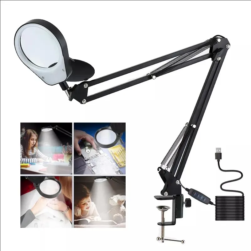 

PDOK Foldable 5X Magnifying Glass Desk Lamp LED Lights Reading 3 Color Modes USB Power Supply Illuminating Magnifier 3x10x 8x15x