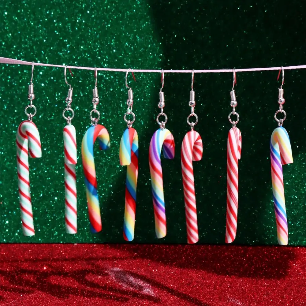1 Pair Cute Long earrings pendant earrings Candy Cane Christmas Earrings Simple Colorful Stripe Hook Pendant Earrings Christmas Jewel Accessories