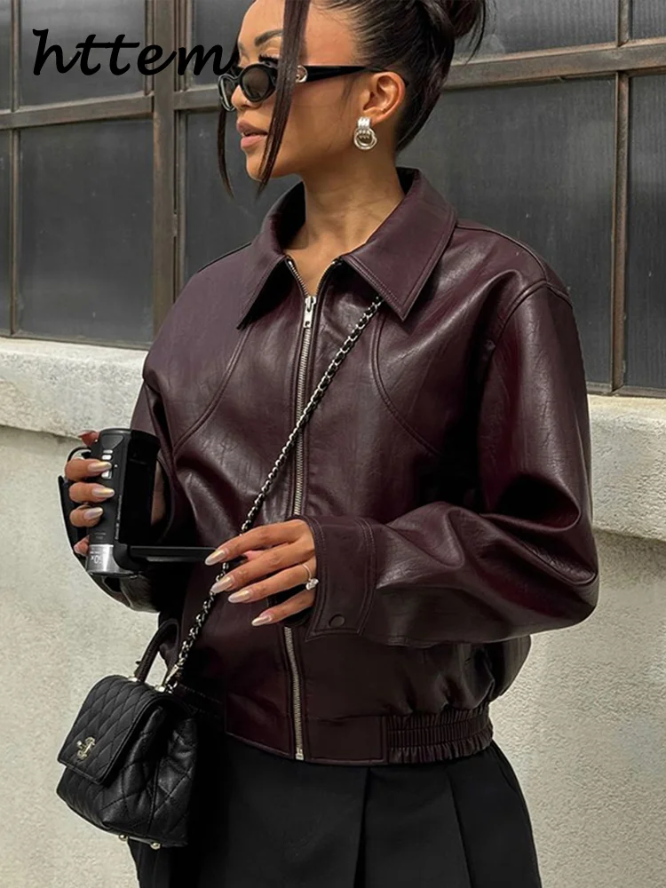Fashion Zipper Short Leather Jackets Women Loose Lapel Long Sleeve Spliced Cropped Coats 2024 Autumn Lady Solid Y2k Streetwear 3