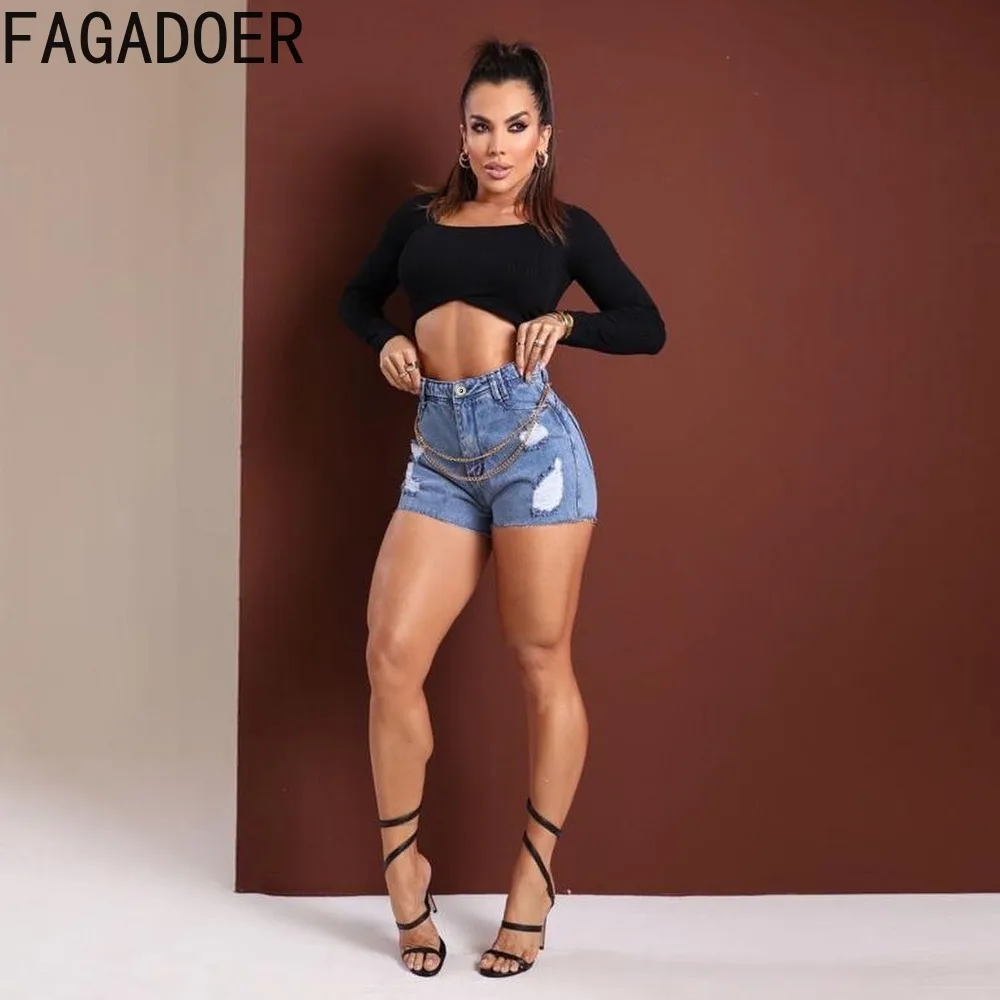 FAGADOER Summer New Hole Skinny Denim Shorts Women High Waisted Button Pocket Hot Girl Bottoms Fashion Cowboy Matching Shorts