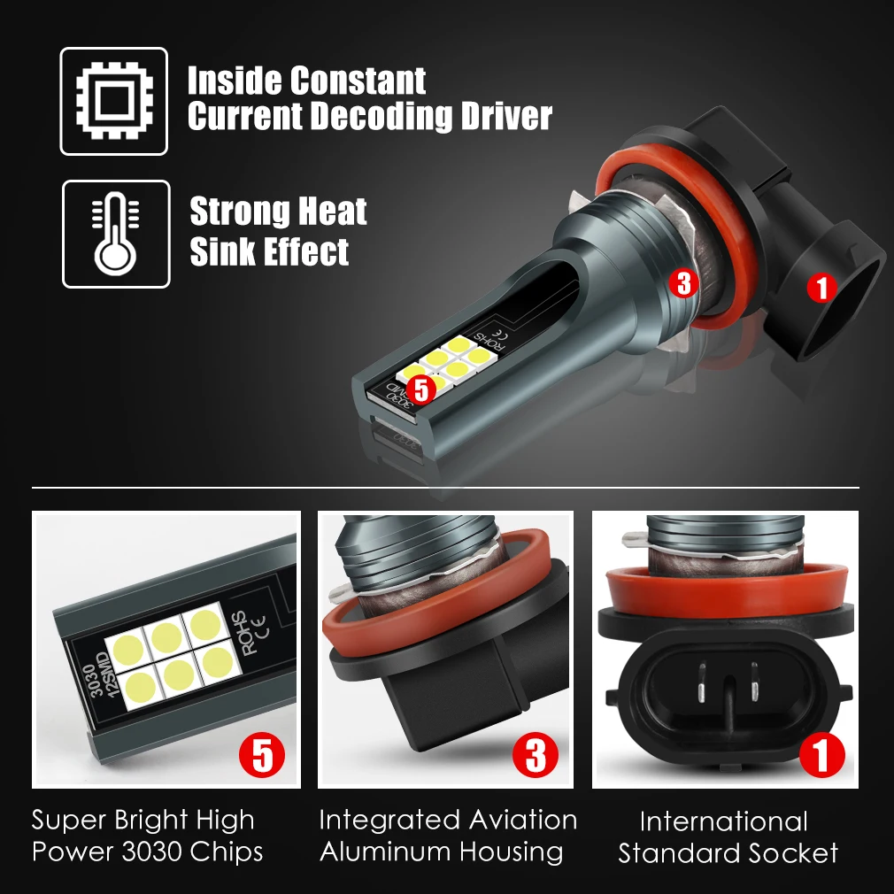 LED Headlights 2PCS Car H8 Bulb Super Bright 12v 6000k