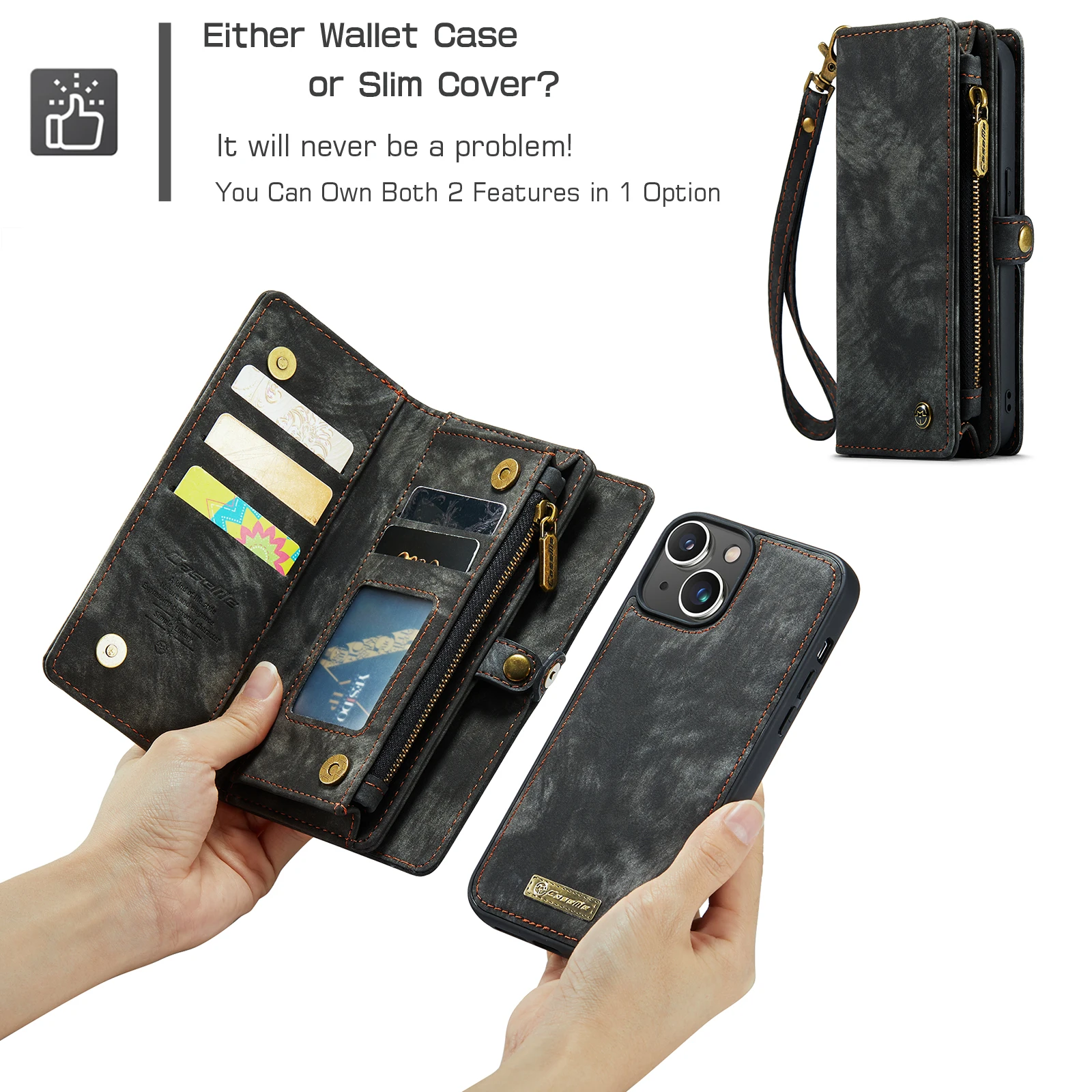 CaseMe iPhone 12 Pro Max 2 in1 Detachable Leather Zipper Wallet Case Black