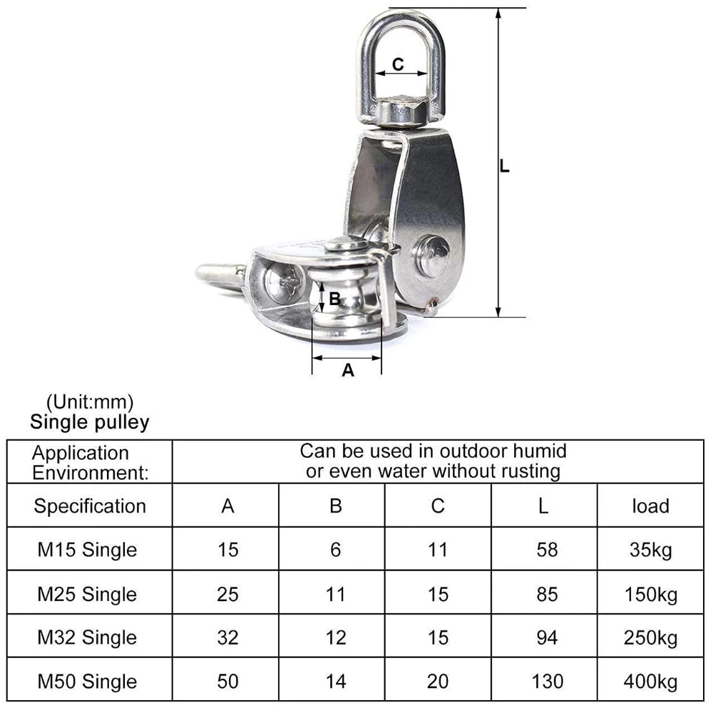 2pcs M25 Single Pulley Block Mini Rope Pulley in Stainless Steel 25mm Pulley Roller Flagpole Pulley Loading 150kg 6