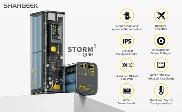 Sharge/Shargeek Storm2 100W 25600mAh Laptop Power Bank First See-Through  Battery Pack with IPS Screen DC & 2 USB C & USB Ports