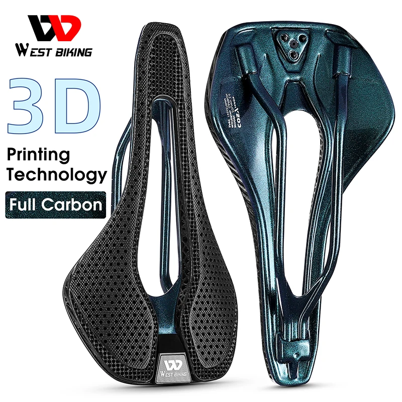 WEST BIKING Ultralight Carbon Fiber 3D Printed Road Racing Bike Saddle Hollow Breathable Bicycle Triathlon Speed Cycling Seat