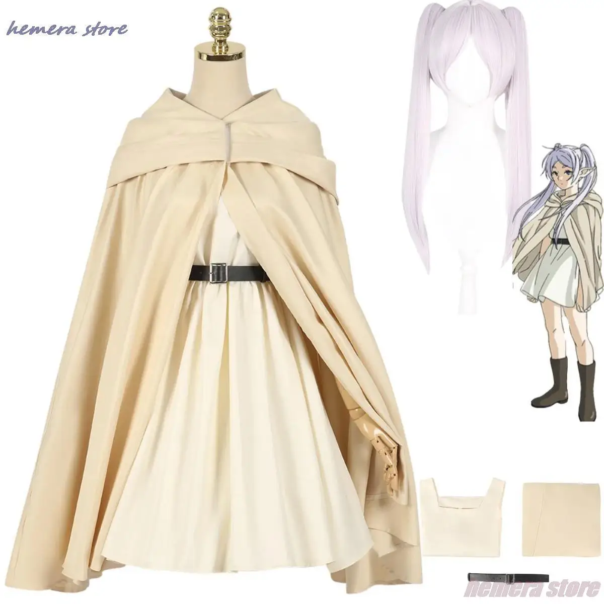 

Anime Frieren Beyond Journey's End Frieren Cosplay Costume Wig Beige Dress Cloak Elf Ears Earrings Halloween Party For Women Cos