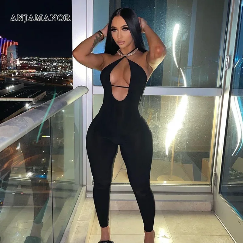 

ANJAMANOR Black Jumpsuit Sexy Body Con Hollow Out Halter Backless Bodycon One Piece Outfits for Women Club Wear D85-BC20