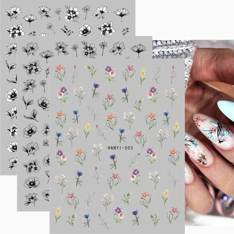 

3D Nail Stickers Back Glue Stickers Elegant Watercolor Flowers Nail Decals Decoration For Nail Art Manicure Beauty