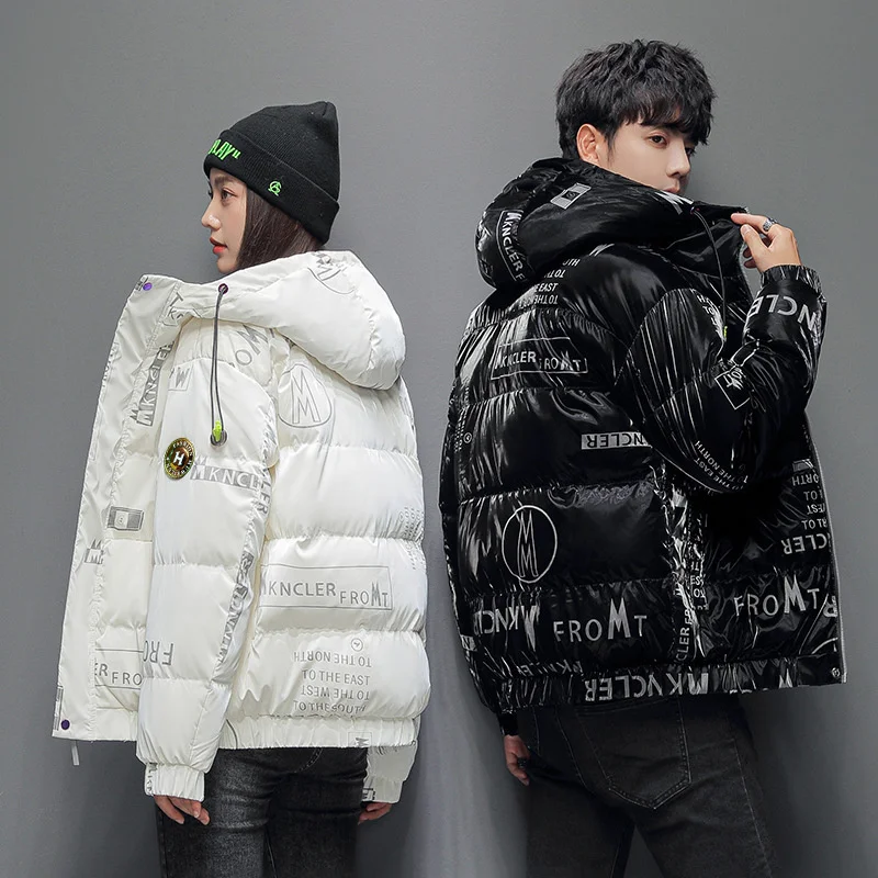 

Men autumn and winter jacket letter print white duck down short version Korean fashion trend youth student hooded
