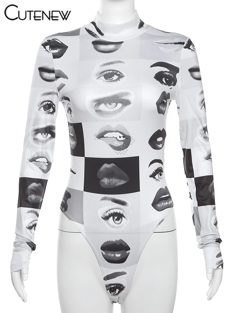 Body de manga larga con cuello alto y estampado de patchwork para mujer, nuevo top liso de moda, ropa de fiesta para club, ropa de calle de otoño