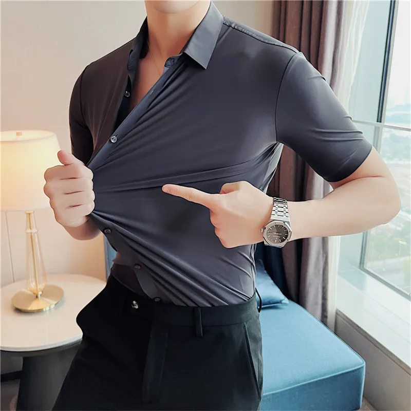 Casual Short Sleeved Shirt Short Sleeved Shirt 6colors Solid High Elasticity Seamless Short Sleeve Shirts Men Slim Social Casual Business Formal Dress Shirt