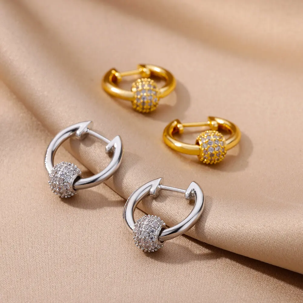 Zircon Round Bead Earrings Stainless Steel Gold Plated Hoop Earring