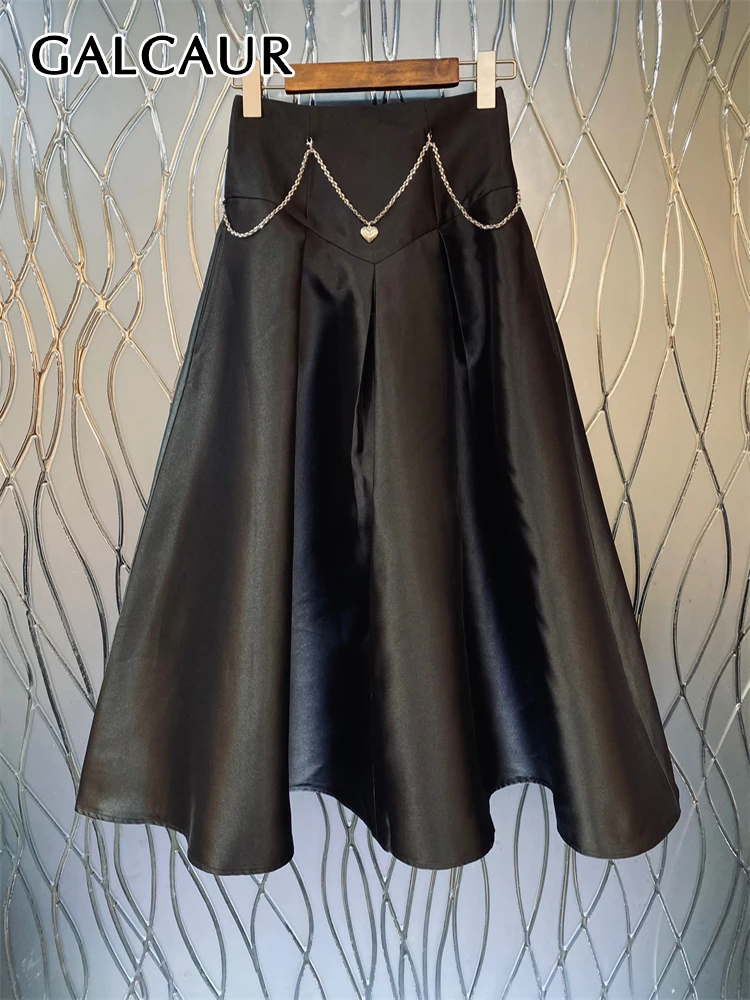

GALCAUR Elegant A Line Midi Skirt For Women High Waist Patchwork Chain Solid Temperament Skirts Female Autumn Fashion Clothing
