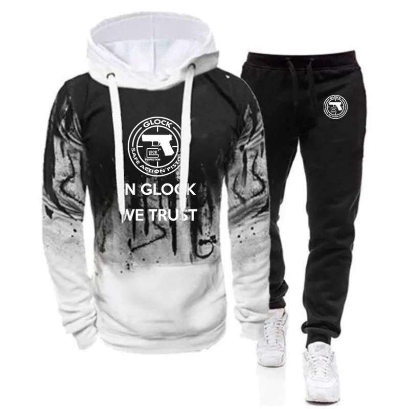 2023 Glock pistol American logo men's Harajuku sweater hooded+pants two-piece sportswear gradient hooded casual sweatpants suit
