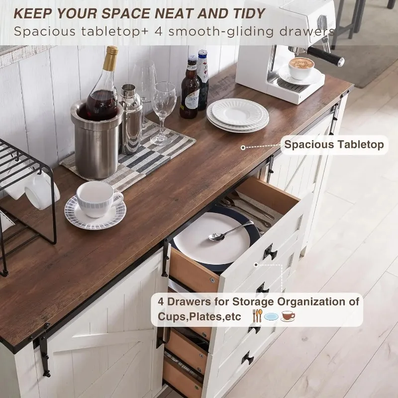 Farmhouse Sideboard Buffet Cabinet with Storage, Large Kitchen Cabinet Sliding Barn Doors and Drawers for Dining Room