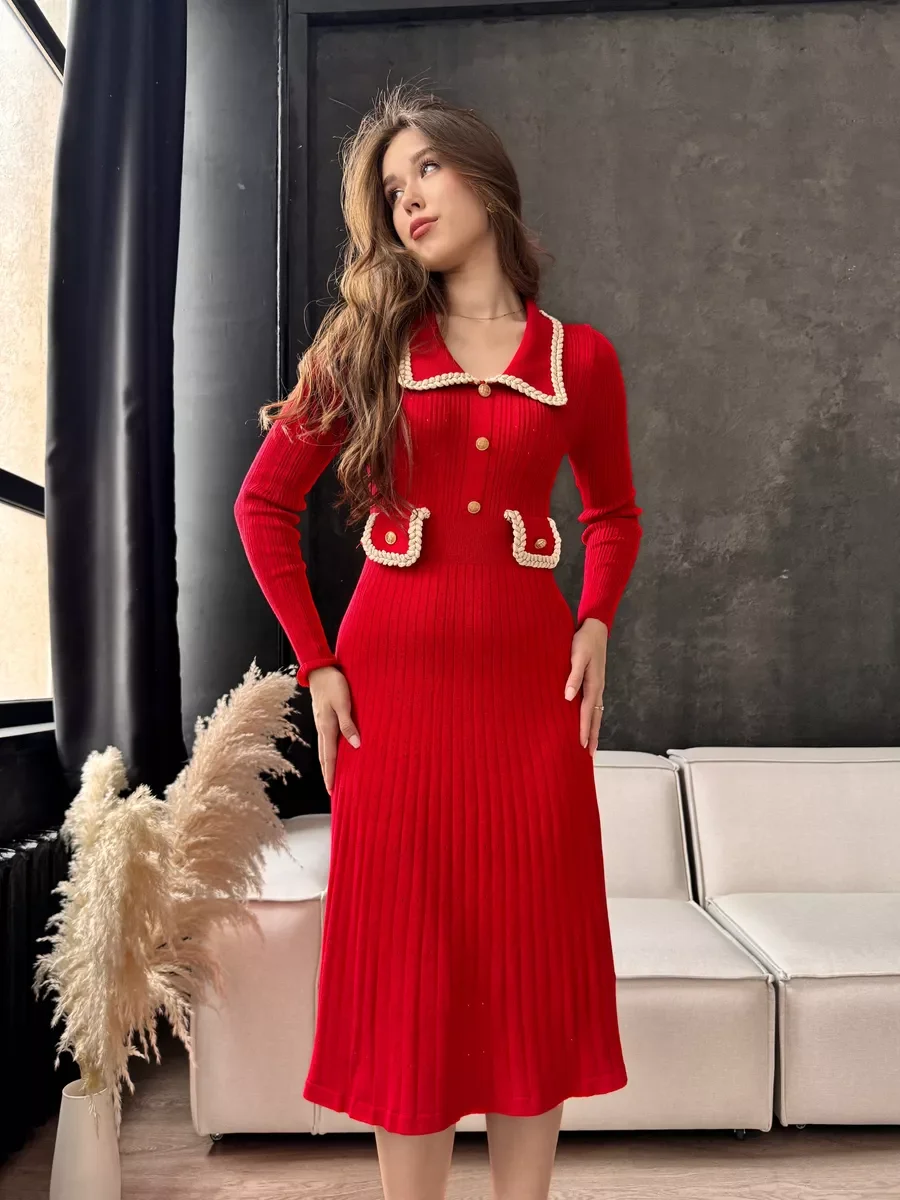 Vestido largo elegante de lujo para mujer, de punto con bolsillos, acanalado, con retazos, de cintura alta, ajustado, para fiesta y otoño.