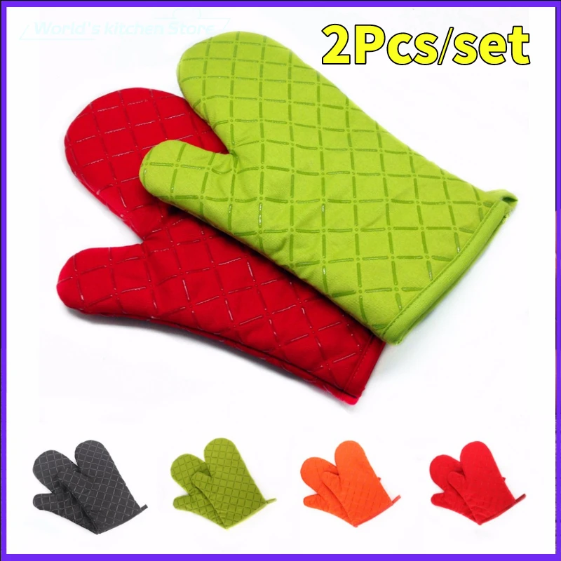 Kitchen Oven Mitts 2 pcs With Non-Slip Silicone Printed Cotton Glove 1 Pair of Heat Resistant Cooking Baking Grilling Tools silicone oven mitts kitchen gloves silicone oven gloves cotton pot holders