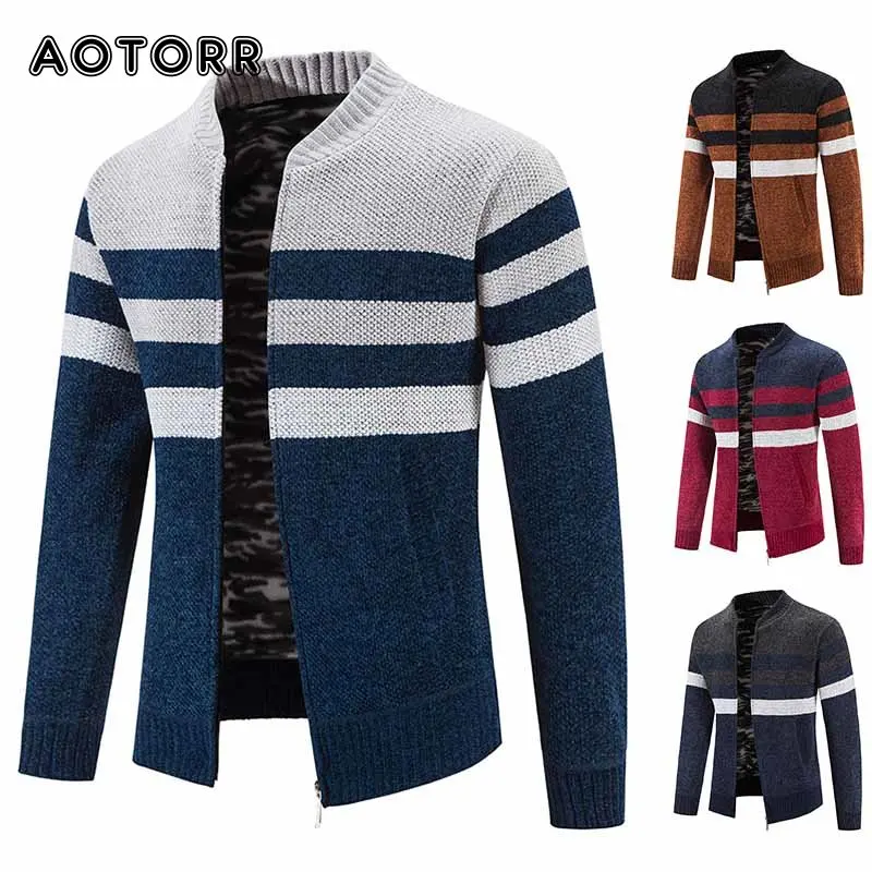 

Striped Mens Sweater Coat Winter Male Fleece Warm Zipper Wool Knitwear Patchwork Brand Cardigan Men Long Sleeve Knitted Sweaters