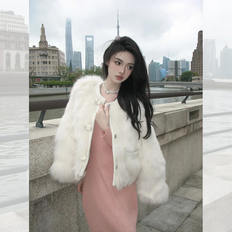 Korean Style Fashionable Round Neck Long Sleeve Women's Faux Fur Coat 2023 Autumn Winter Commuter Sweet White Short Fur Coat