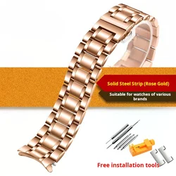 Curved Stainless Steel Watch Strap Bracelet for Men and Women, Chain Style, Universal Sizes 18 - 24mm (Rose gold)