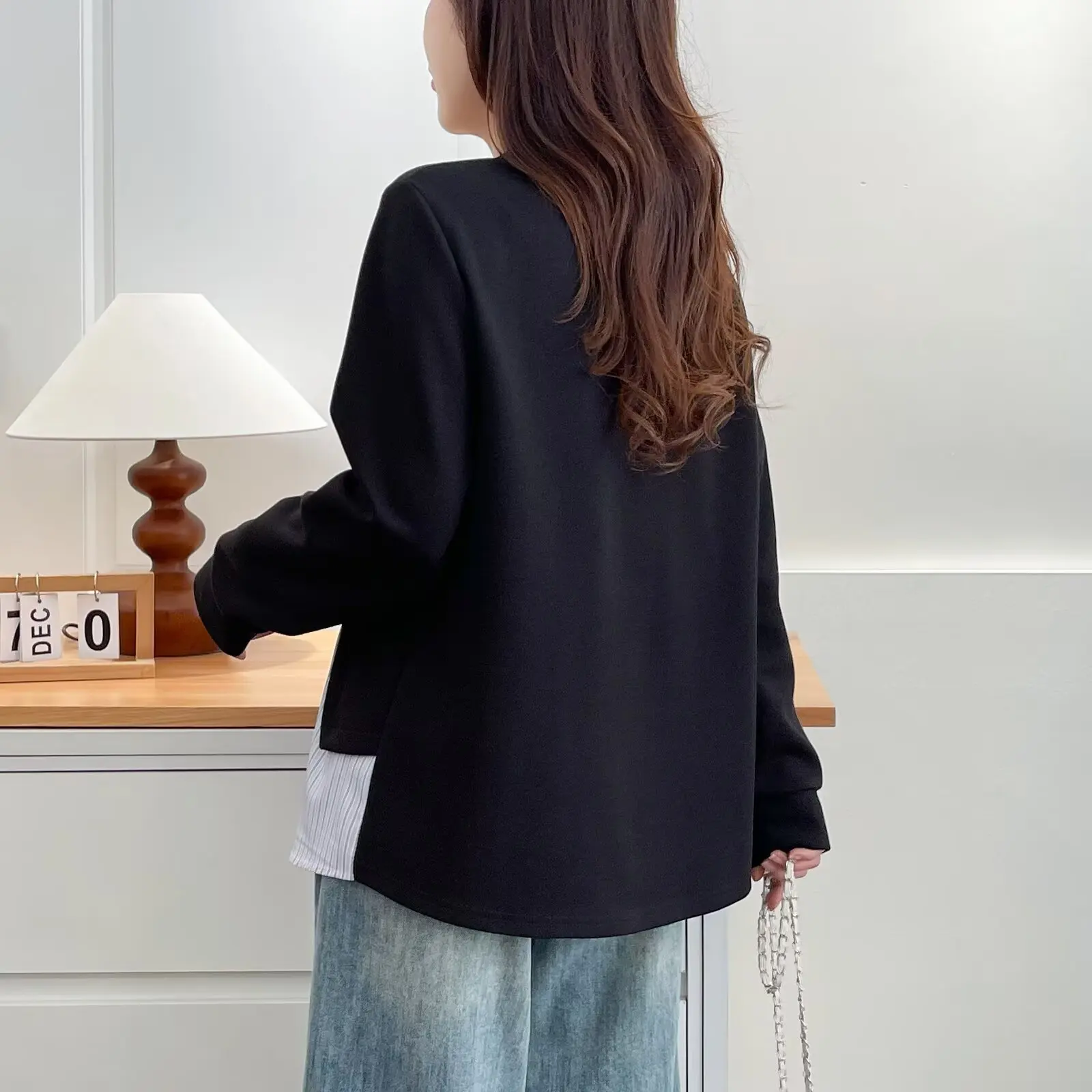 XXXXL Fashion Plus Size Women's Hoodies New Autumn Style Simple round-neck Patchwork Long Sleeved Top Casua Sweatshirt 820