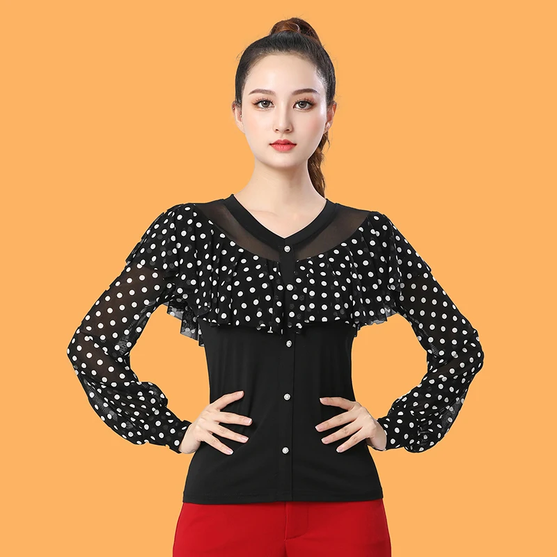

Women Ballroom Dance Tops Long Sleeve Polka Dot Prom Tango Dancewear Black Ruffle Waltz Dancing Performance Clothtes YS4571