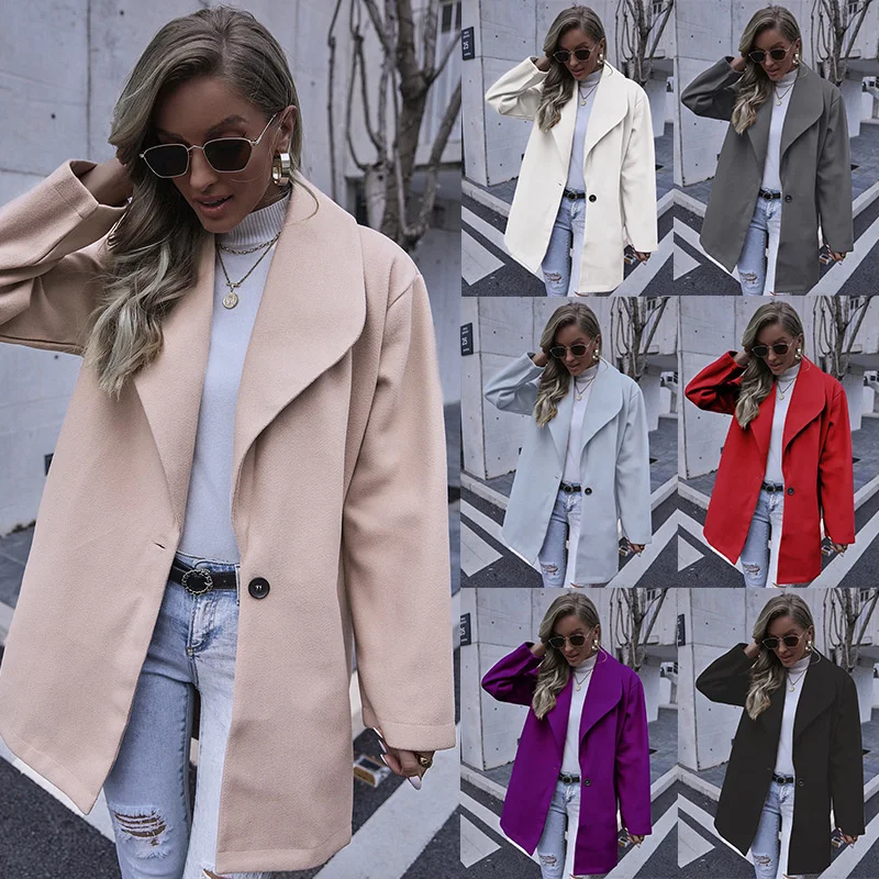 

Women's Autumn And Winter Outerwear Fashion Lapel Long Woolen Coat For Women Loose Fitting One Button Clothing Solid Color Coat