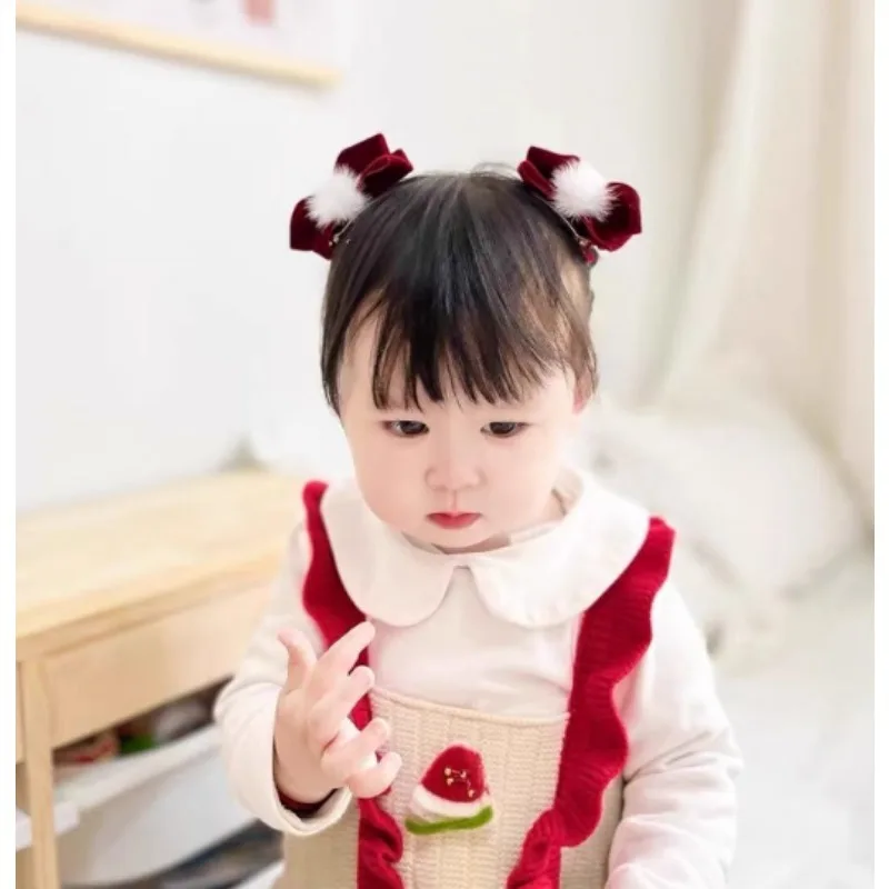 여아용 빨간 리본 헤어 클립 귀여운 하트 공주 머리핀 어린이 겨울 한국 스타일 달콤한 헤어 액세서리 새해 어린이용 액세서리
