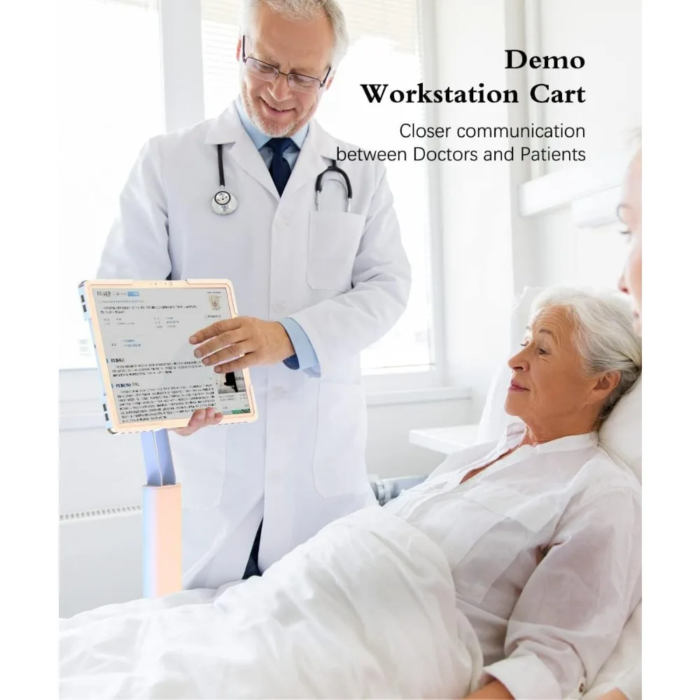 Height Adjustable Mobile Medical Tablet Cart with Wheels, Tablet Enclosure, and Basket Storage