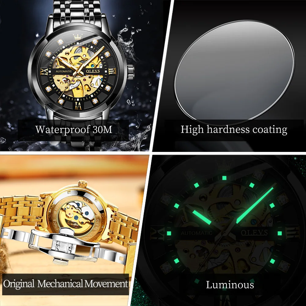 OLEVS Original Luxury Skeleton Automatic Watch for Men Mechanical Diamond Stainess Steel Waterproof Luminous Wristwatch Gift Man