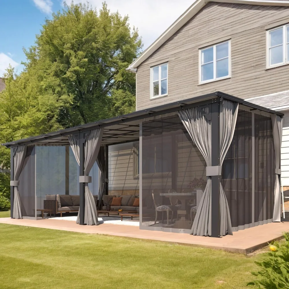 20' X 12' Gazebo for Patio, Large Wall-Mounted Lean to Pergola Gazebo with Curtains and Netting, 12x20 Hard Top Gazebos 3