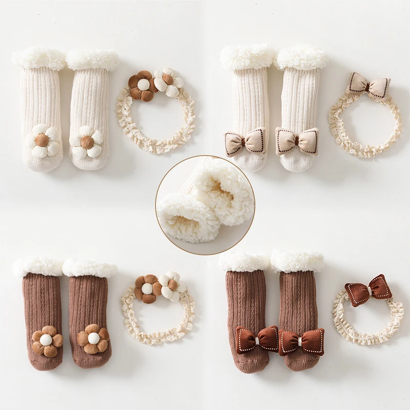 

2Pcs/Set Cute Baby Socks with Headband Set Flower Bowknot Newborn Headband Coral velvet Winter Socks Baby Anti-Slip Floor Socks