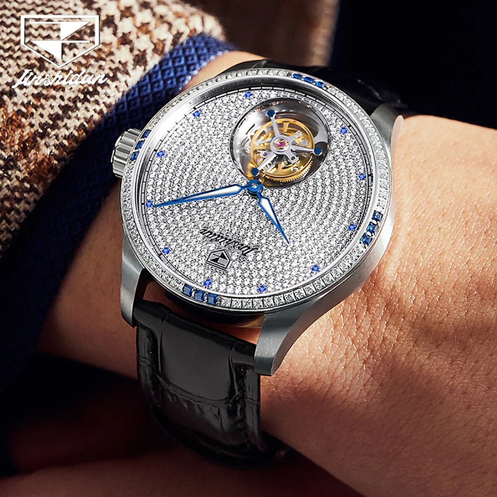 JSDUN Tourbillon Men's Automatic Mechanical Watch Full Diamond Dial 50M Waterproof Luxury Men's Watches Original Wristwatch Men