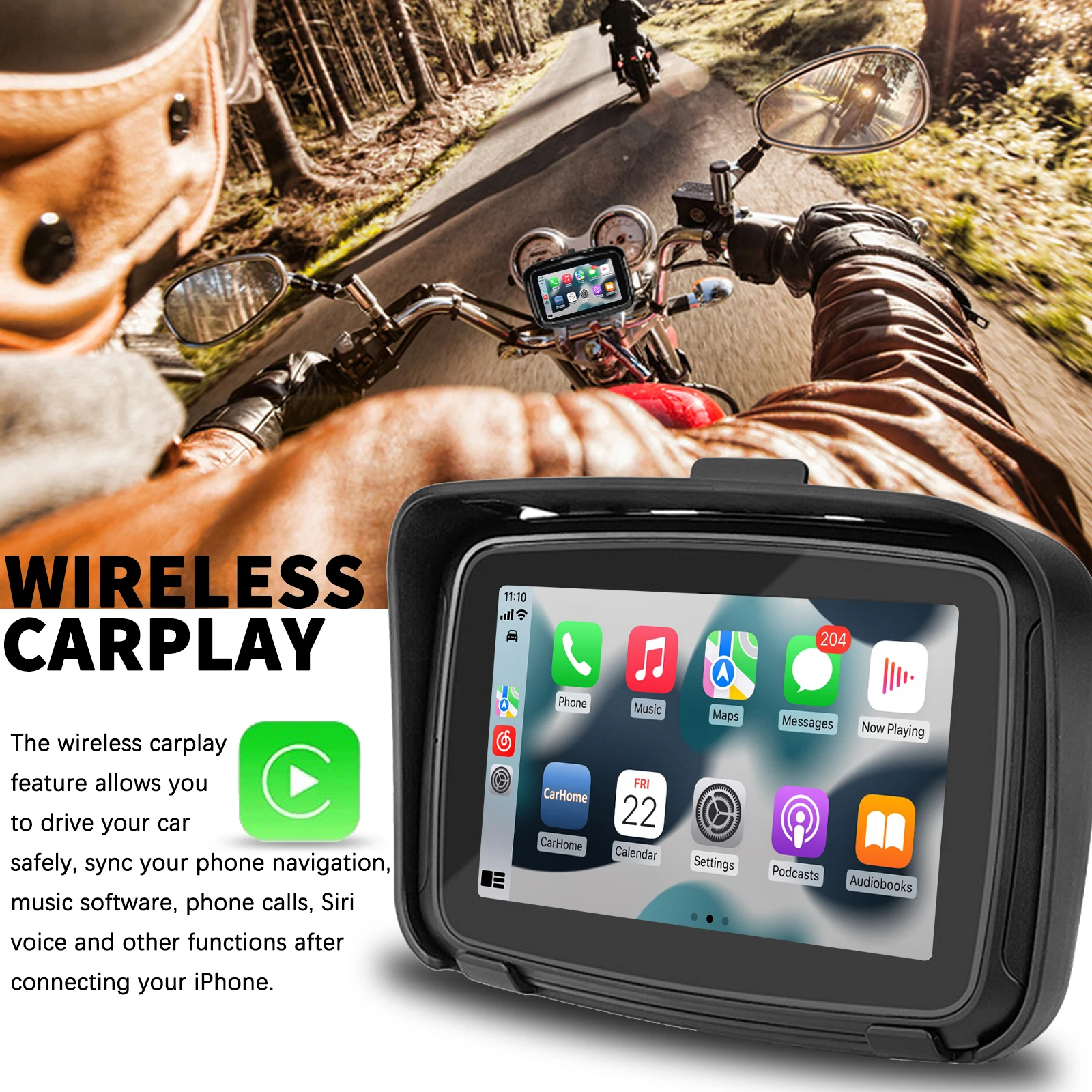 5 IPS Touch Screen Portable Motorcycle Navigator Wireless CarPlay  Waterproof