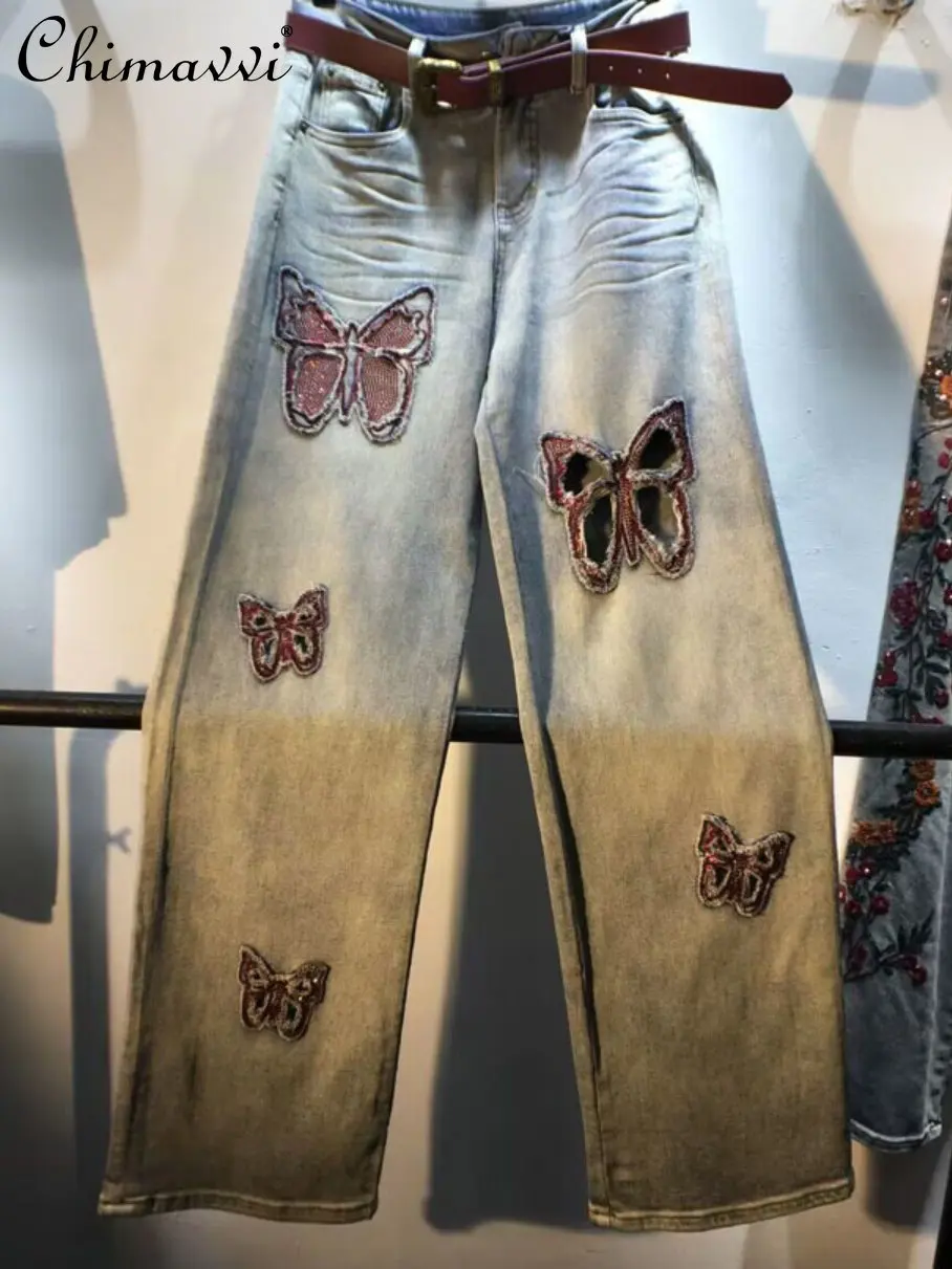 European Denim Pants 2023 Summer New Rhinestone Butterfly High Waist Jeans Fashion Slim Straight-Leg Wide-Leg Pants Women