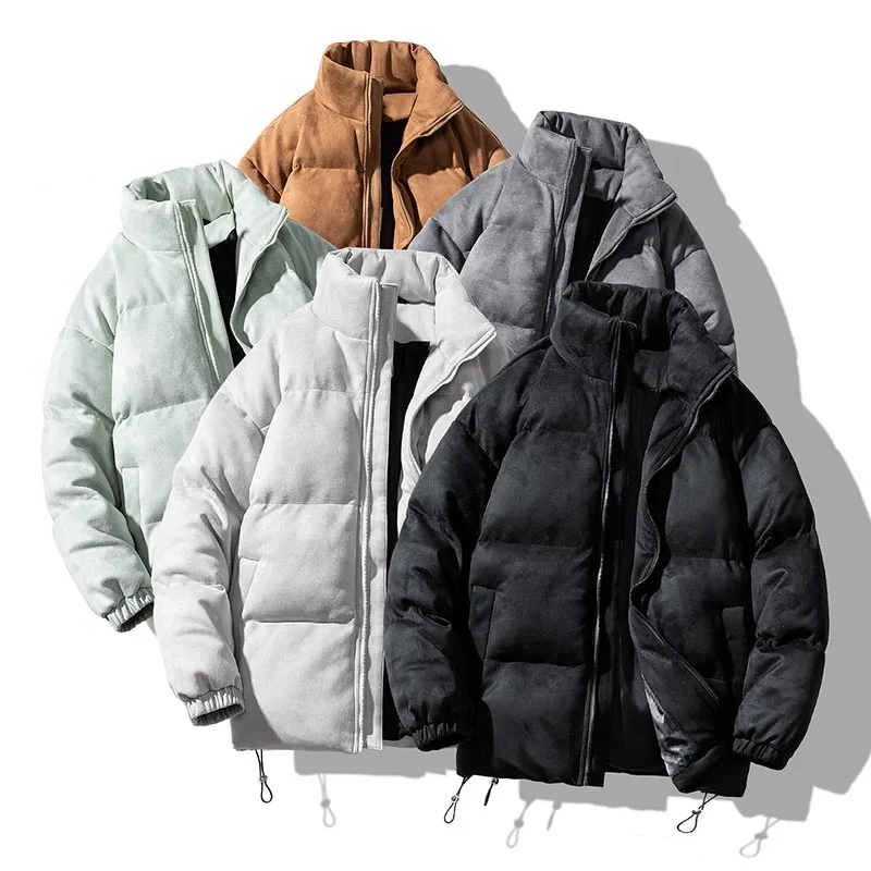 Winter Faux Suede Puffer Jacket Retro Parkas Coat Men Various Color Cotton-Padded Oversize Warm Solid Color Streetwear