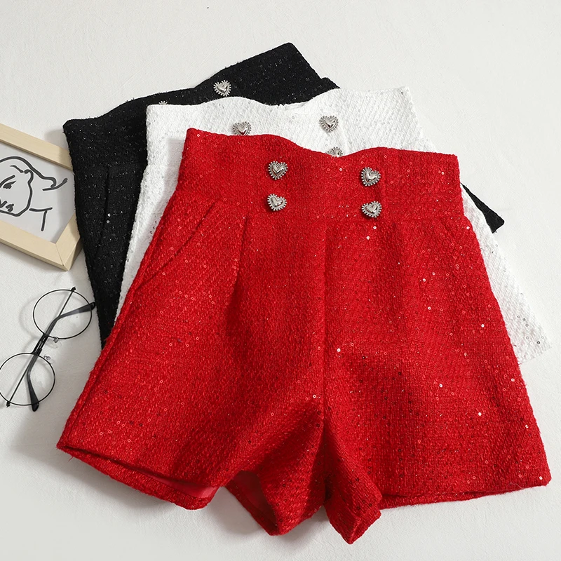 

Shorts Women's Autumn Winter New Vintage Heart Button Sequin Wool Boots Pants High Waist Slim Loose Wide Leg Short Pants