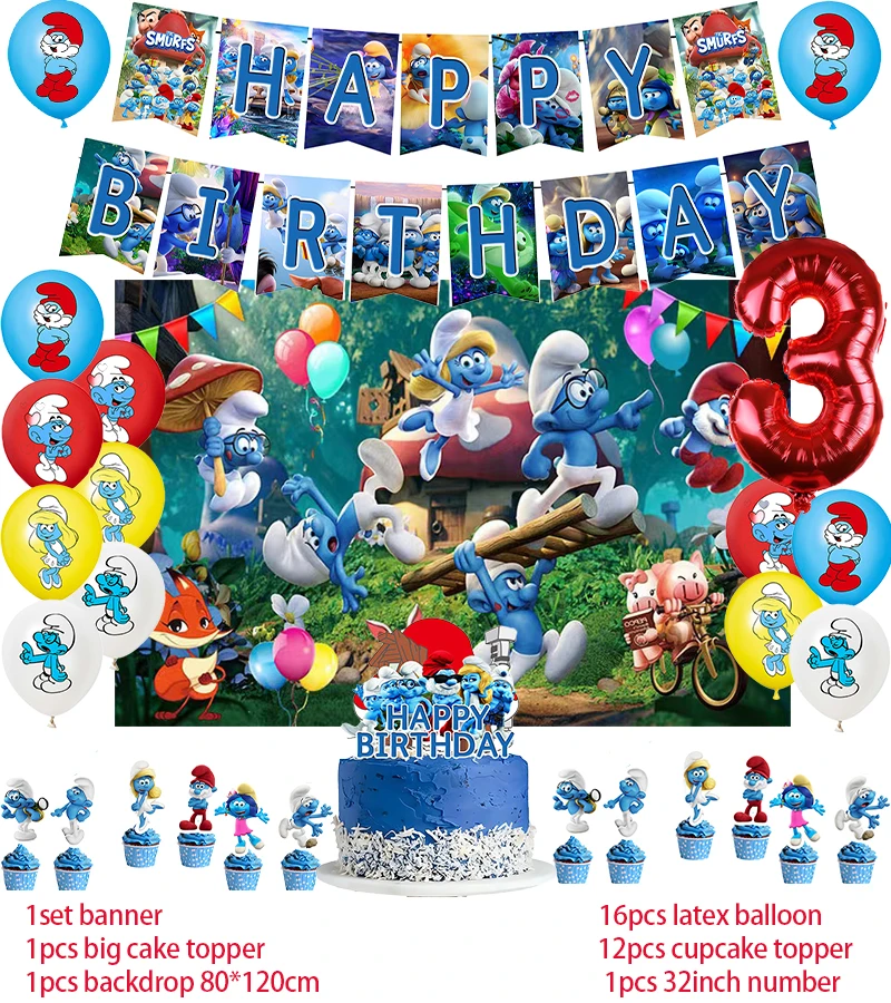 thumbnail image 1 of Decoración para fiesta de cumpleaños de Los Pitufos, pancarta con globos, fondo, adorno para tarta, suministros para fiesta de cumpleaños de Los Pitufos, baby shower, 1 of 5