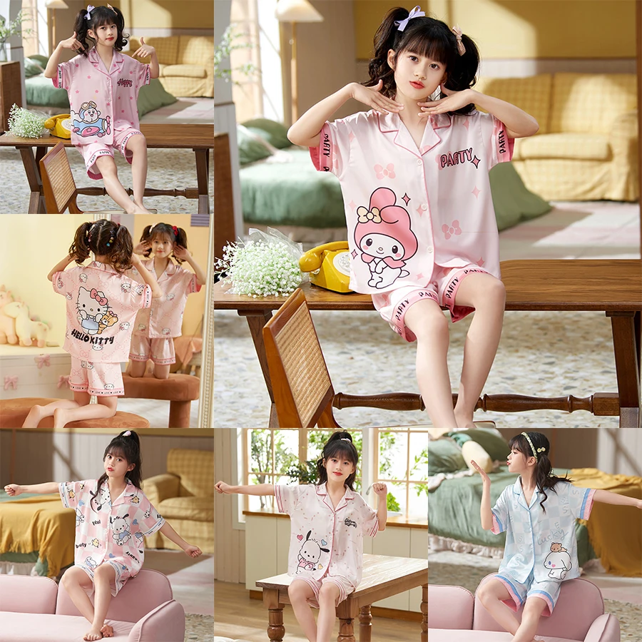 

Hello Kitty Sanrio Children Pajama Sets Short-Sleeve Cartoon My Melody Sleepwear Set Summer Anime Ice Silk Homewear Kids Clothes